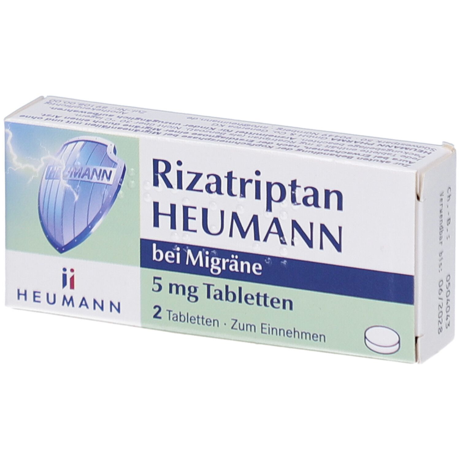 Schachtel mit Rizatriptan HEUMANN bei Migräne 5 mg Tabletten. Weiße Verpackung mit blauem Streifen und Produktinformationen.