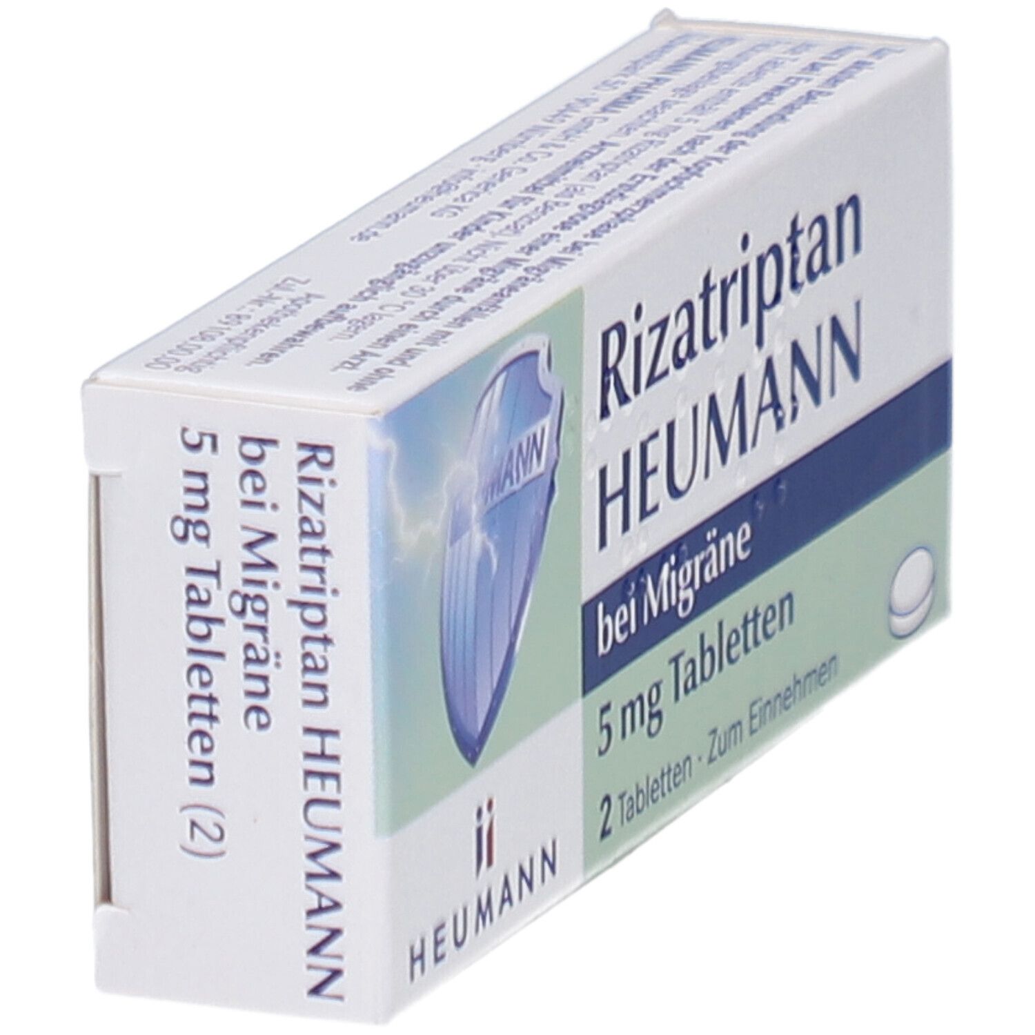 Schachtel Rizatriptan HEUMANN bei Migräne 5 mg Tabletten. Weiße Verpackung mit blauem Streifen. Zwei Tabletten.