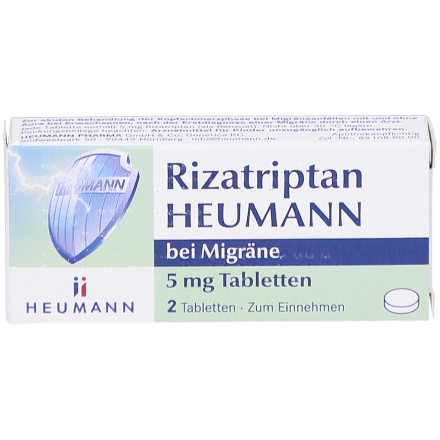 Schachtel Rizatriptan HEUMANN bei Migräne 5 mg Tabletten. Weiße Verpackung mit blauem Streifen und Produktinformationen.
