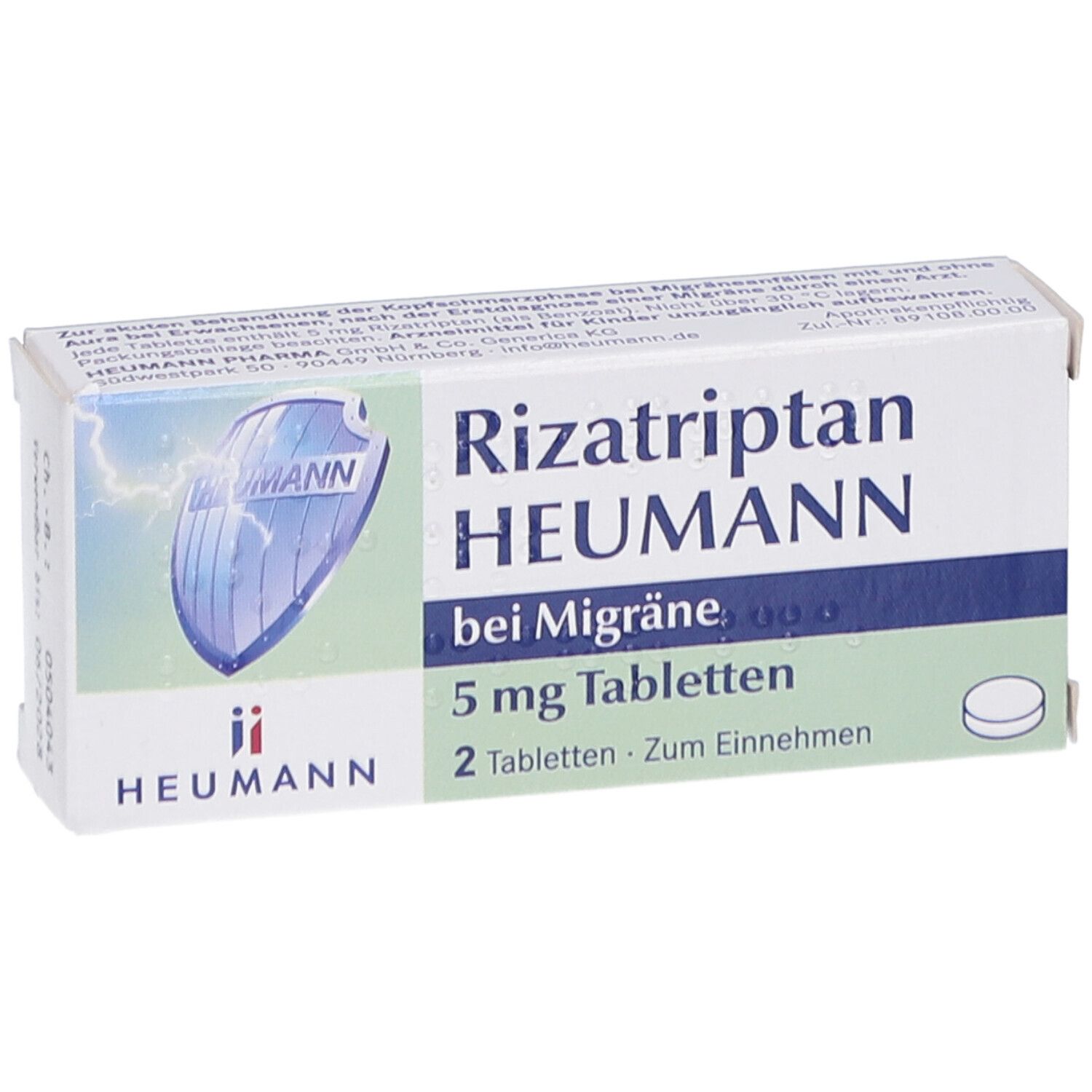 Schachtel Rizatriptan HEUMANN bei Migräne 5 mg Tabletten. Weiße Verpackung mit blauem Streifen und Produktinformationen.