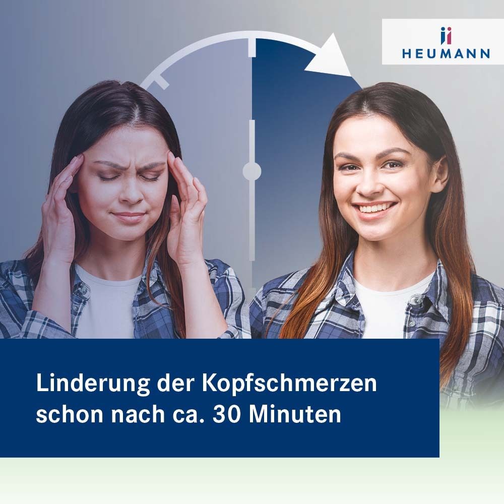 Frau mit Kopfschmerzen und lächelnd. Text: Linderung der Kopfschmerzen schon nach ca. 30 Minuten. Logo HEUMANN.