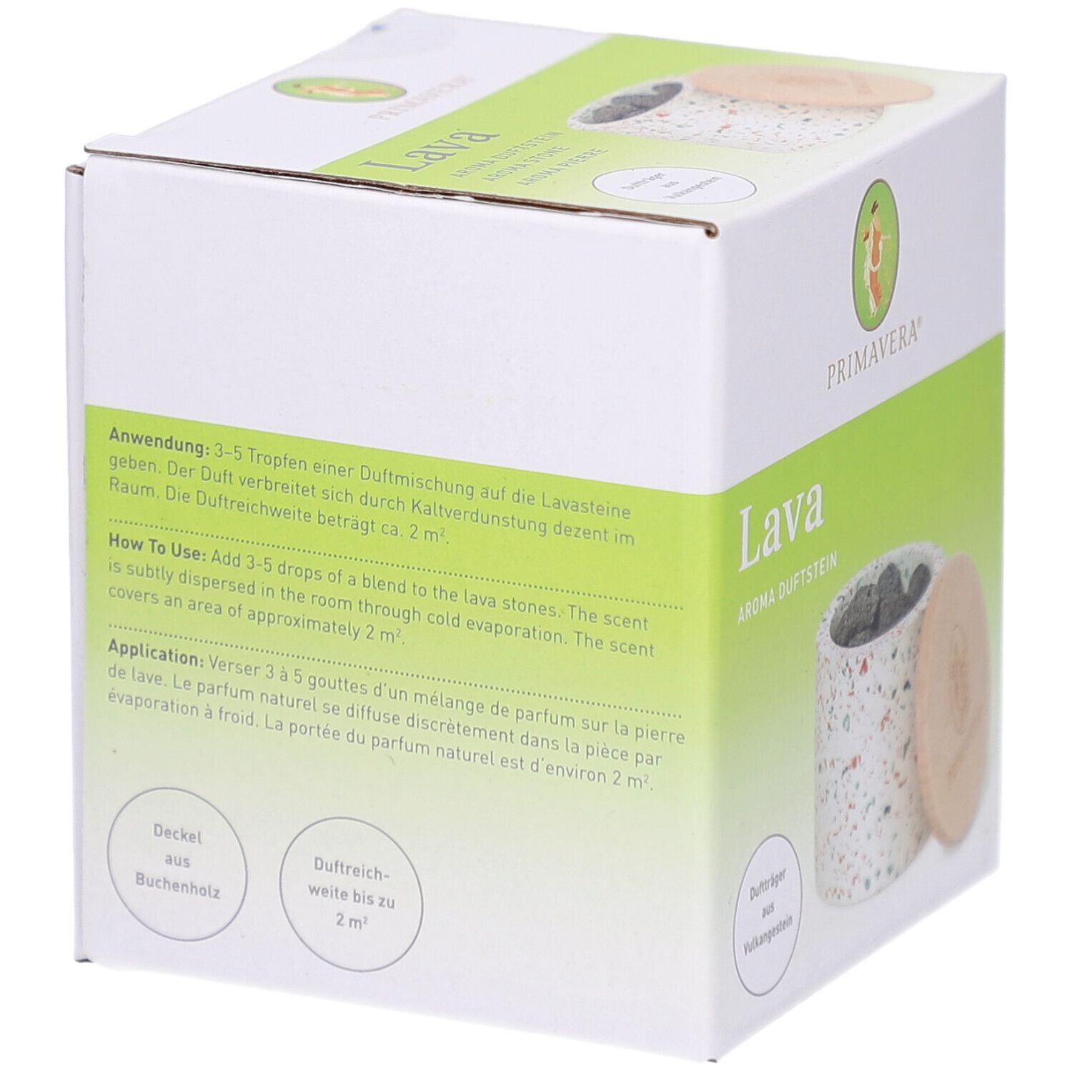 Verpackung Primavera® Aroma Duftstein Lava. Text über Anwendung und Anwendung. Behälter mit Lavasteinen und Holzdeckel.