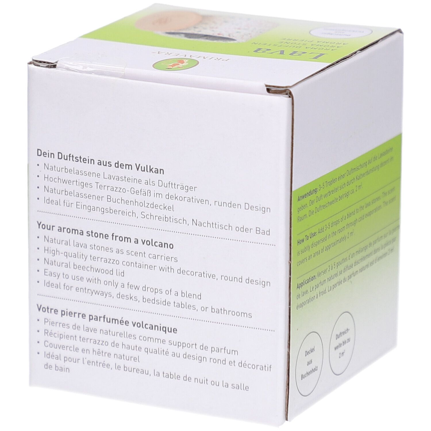 Verpackung Primavera® Aroma Duftstein Lava. Text über den Duftstein, Lavasteine, Holzdeckel. Logo und Produktname.
