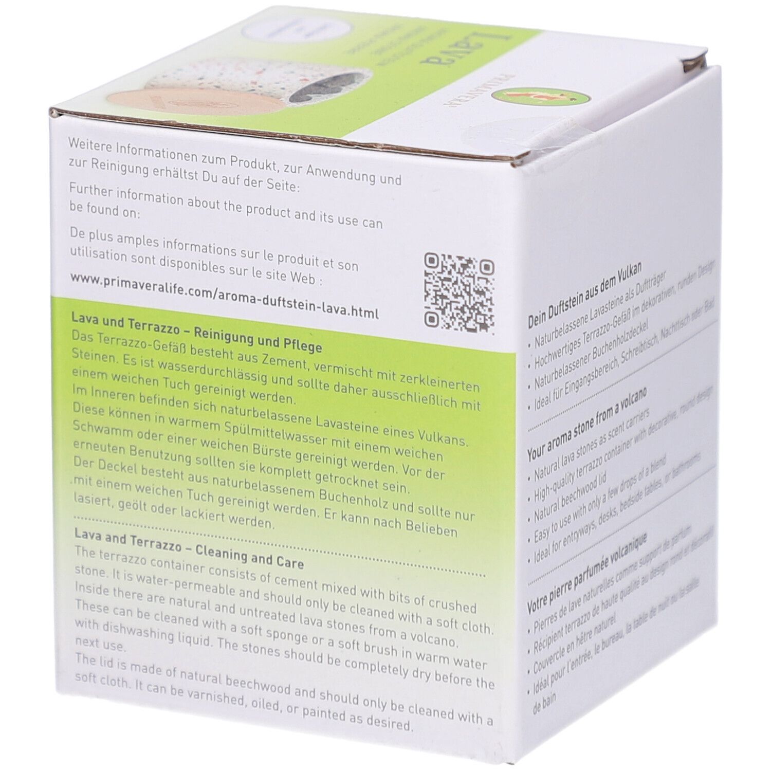 Verpackung Primavera® Aroma Duftstein Lava. Text über Reinigung und Pflege. Behälter mit Lavasteinen und Holzdeckel.