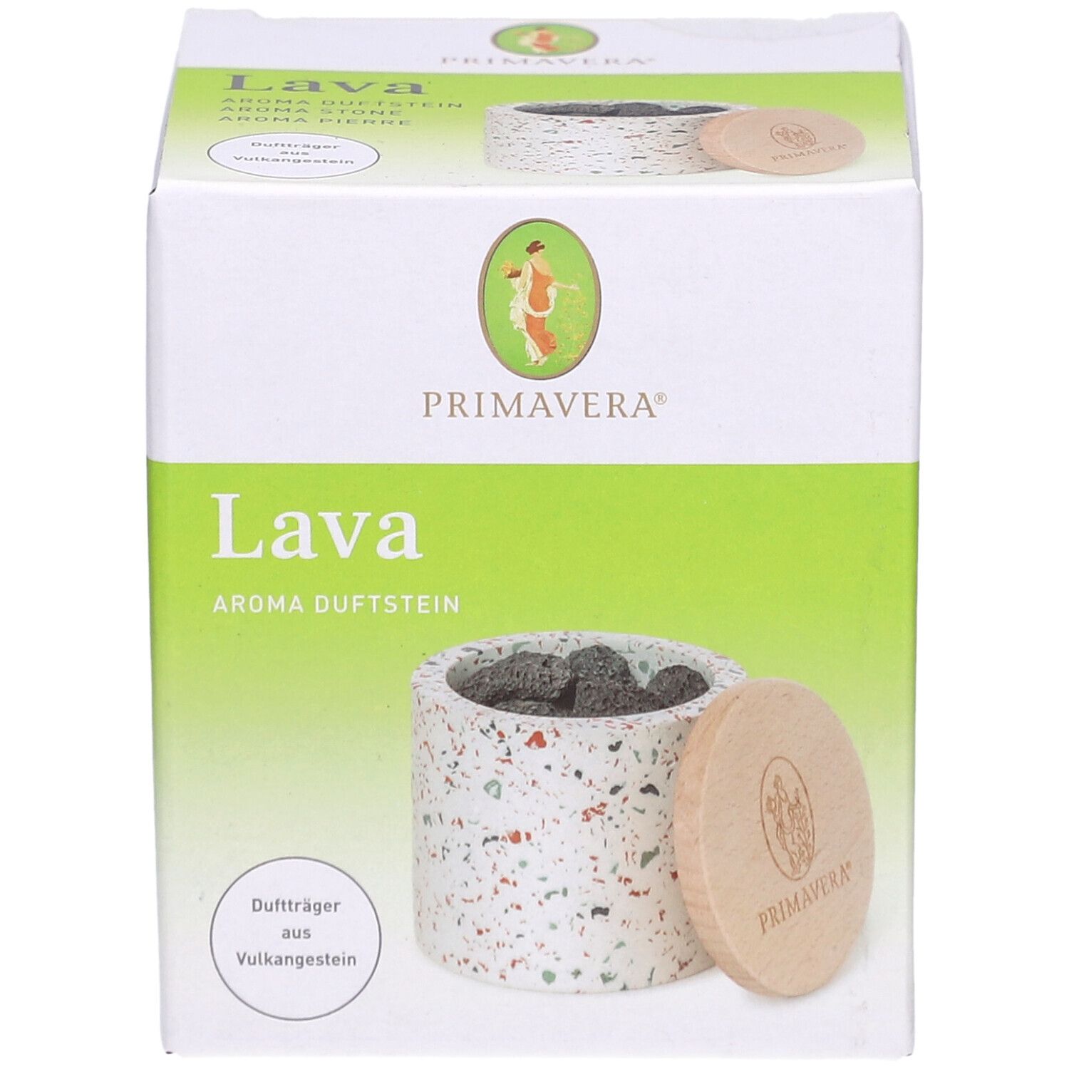 Verpackung Primavera® Aroma Duftstein Lava. Weißer Behälter mit Lavasteinen und Holzdeckel. Logo und Produktname.