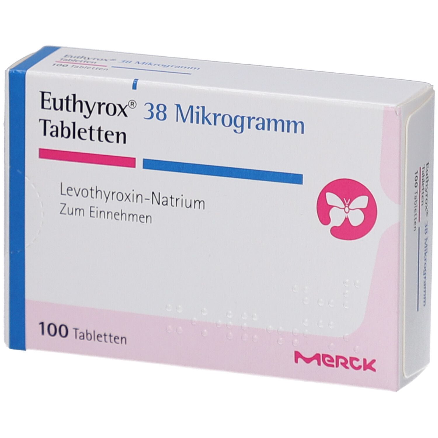 Schachtel Euthyrox 38 Mikrogramm Tabletten. Aufschrift: Levothyroxin-Natrium, 100 Tabletten. Marke Merck. Rosa und blaue Akzente.