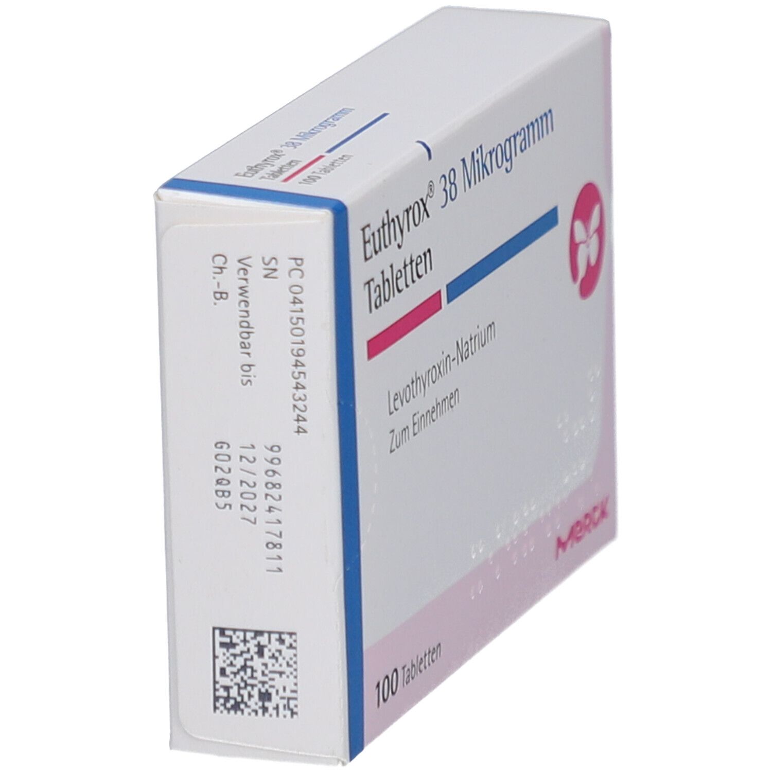 Seitenansicht der Euthyrox-Schachtel. Aufschrift: Euthyrox 38 Mikrogramm Tabletten, 100 Tabletten. Verfallsdatum. Marke Merck.