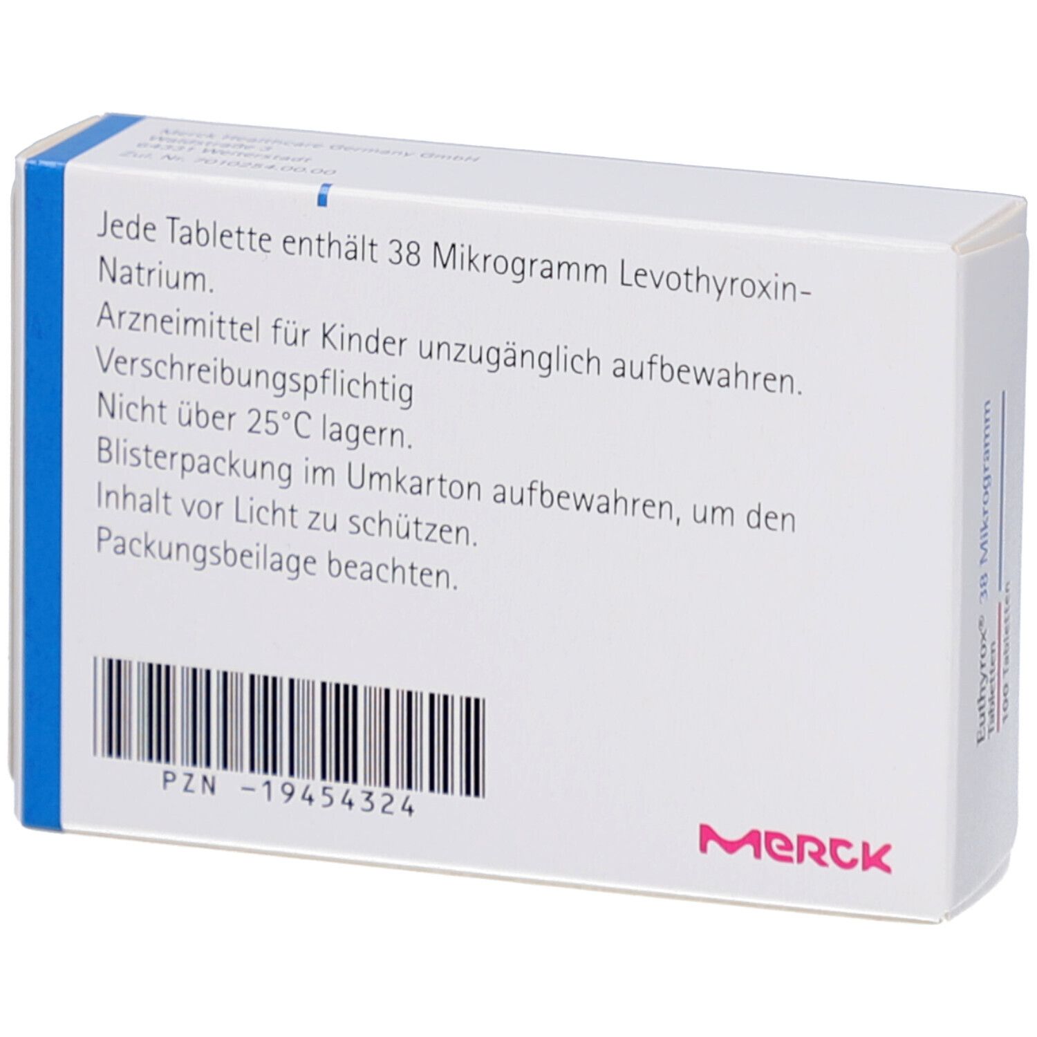 Rückseite der Euthyrox-Schachtel. Aufschrift: 38 Mikrogramm Levothyroxin-Natrium. PZN-Nummer. Marke Merck.