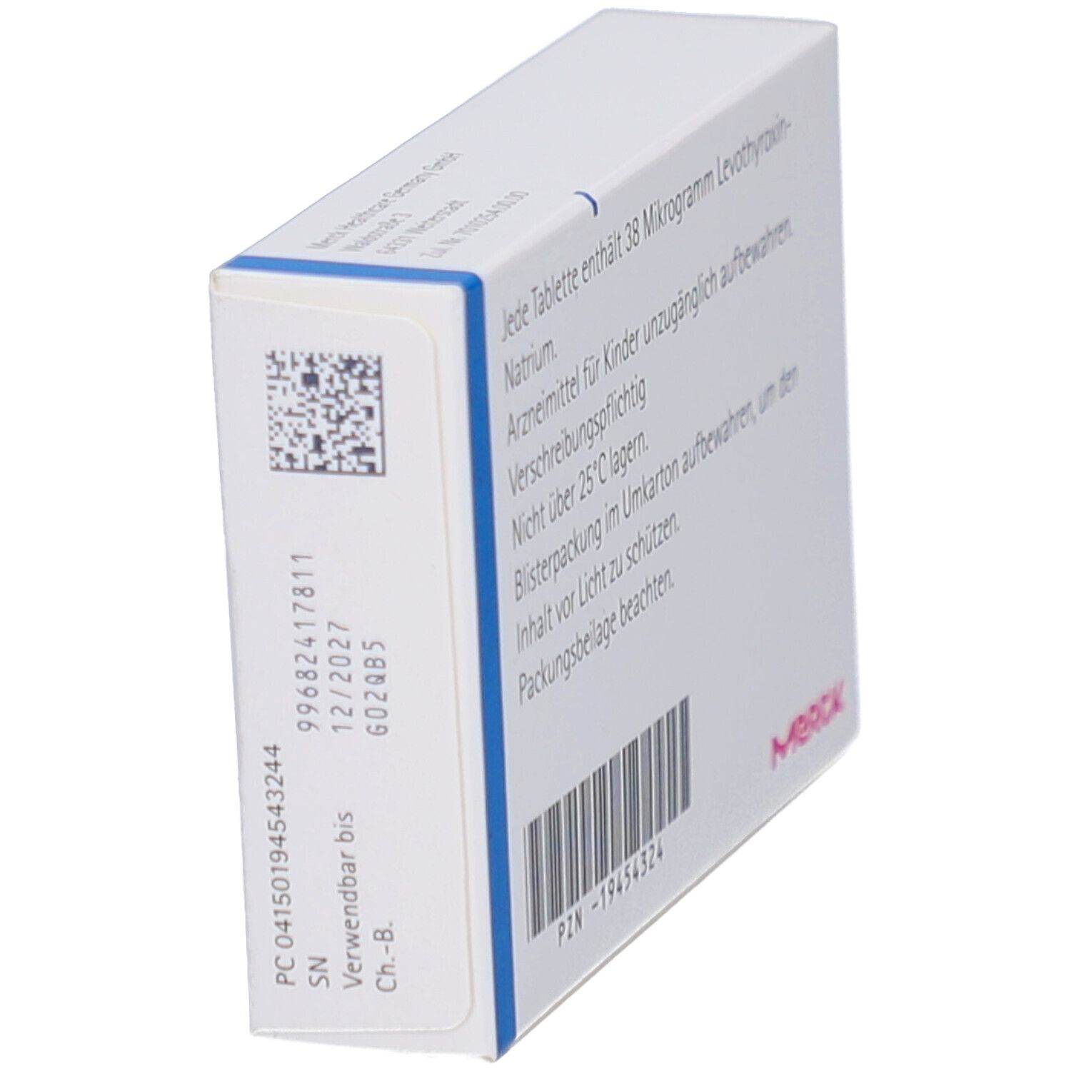 Schräge Seitenansicht der Euthyrox-Schachtel. Aufschrift: 38 Mikrogramm Levothyroxin-Natrium. PZN-Nummer. Marke Merck.