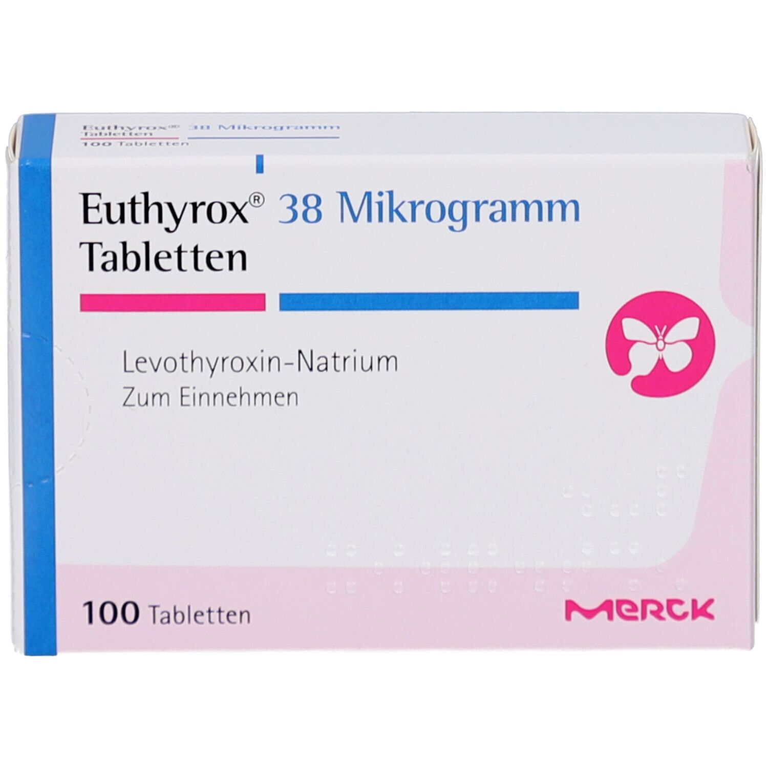 Euthyrox 38 Mikrogramm Tabletten-Schachtel. Aufschrift: Levothyroxin-Natrium, 100 Tabletten. Marke Merck. Rosa und blaue Akzente.