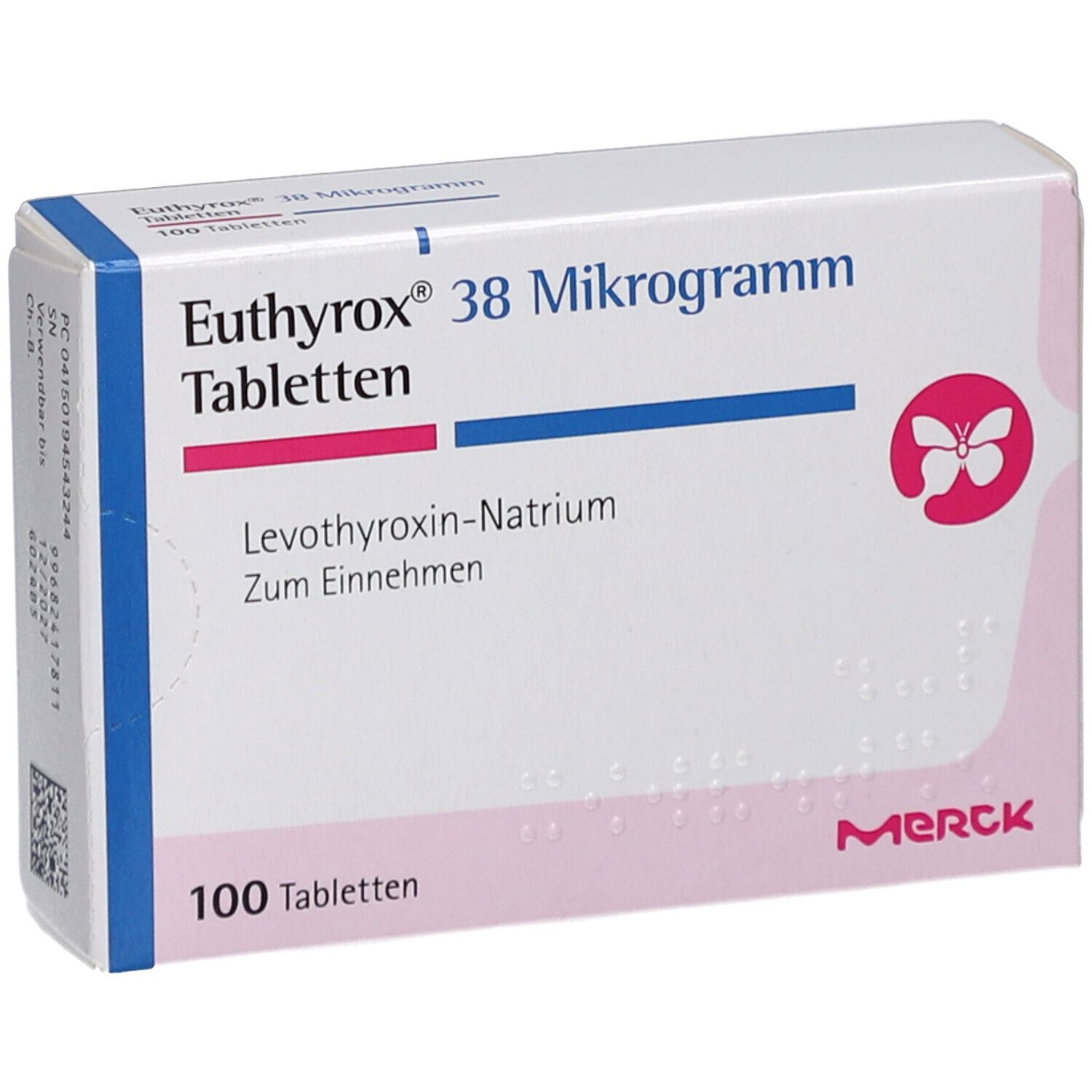 Euthyrox 38 Mikrogramm Tabletten-Schachtel. Aufschrift: Levothyroxin-Natrium, 100 Tabletten. Marke Merck. Rosa und blaue Akzente.