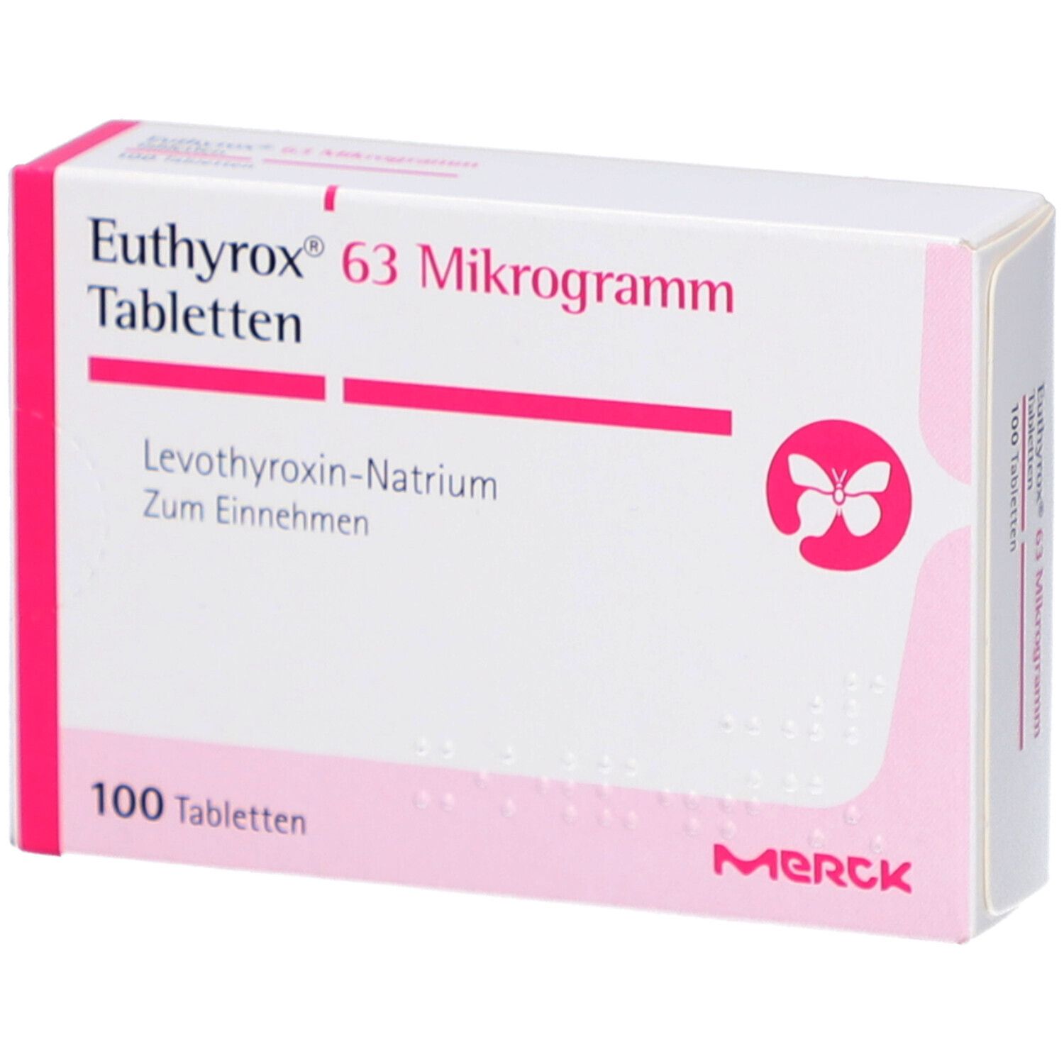 Weiße Tablettenbox mit rosa Akzenten. Aufschrift: Euthyrox 63 Mikrogramm Tabletten. 100 Tabletten. Marke: Merck.