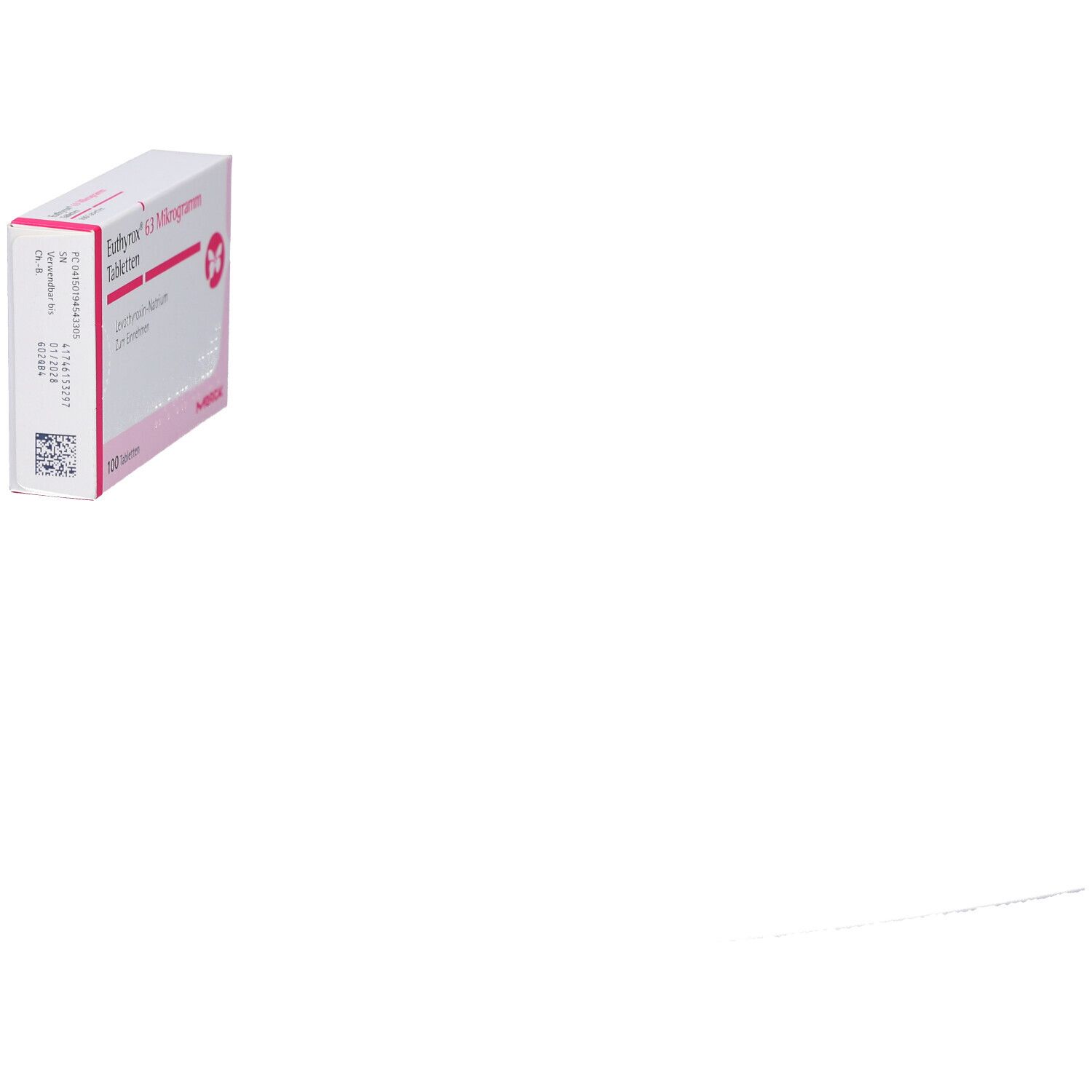 Tablettenbox, weiß mit rosa Akzenten. Aufschrift: Euthyrox 63 Mikrogramm Tabletten. Seitenansicht. Marke: Merck.