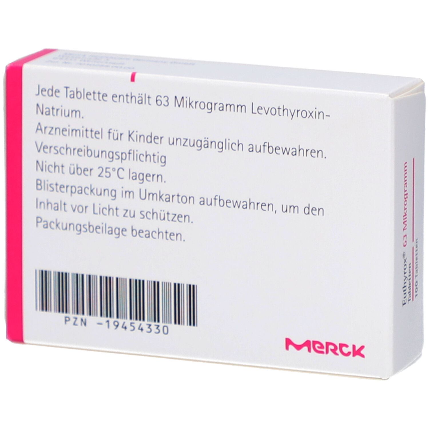 Rückseite der Tablettenbox. Text: Inhaltsstoffe, Lagerungshinweise. Barcode. Marke: Merck. Aufschrift: Euthyrox 63 Mikrogramm Tabletten.