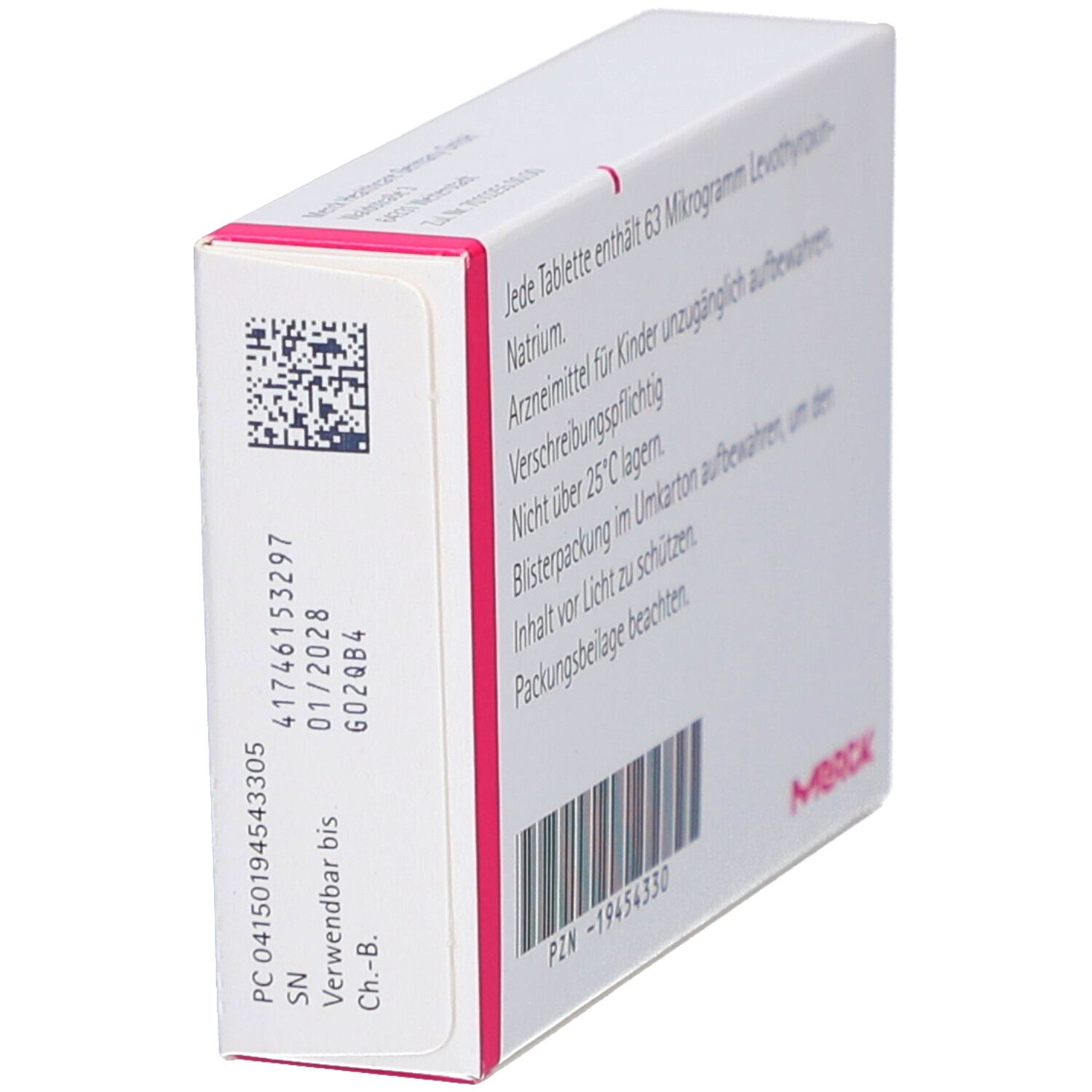 Tablettenbox, schräg. Text: Inhaltsstoffe, Verfallsdatum, Barcode. Marke: Merck. Aufschrift: Euthyrox 63 Mikrogramm Tabletten.