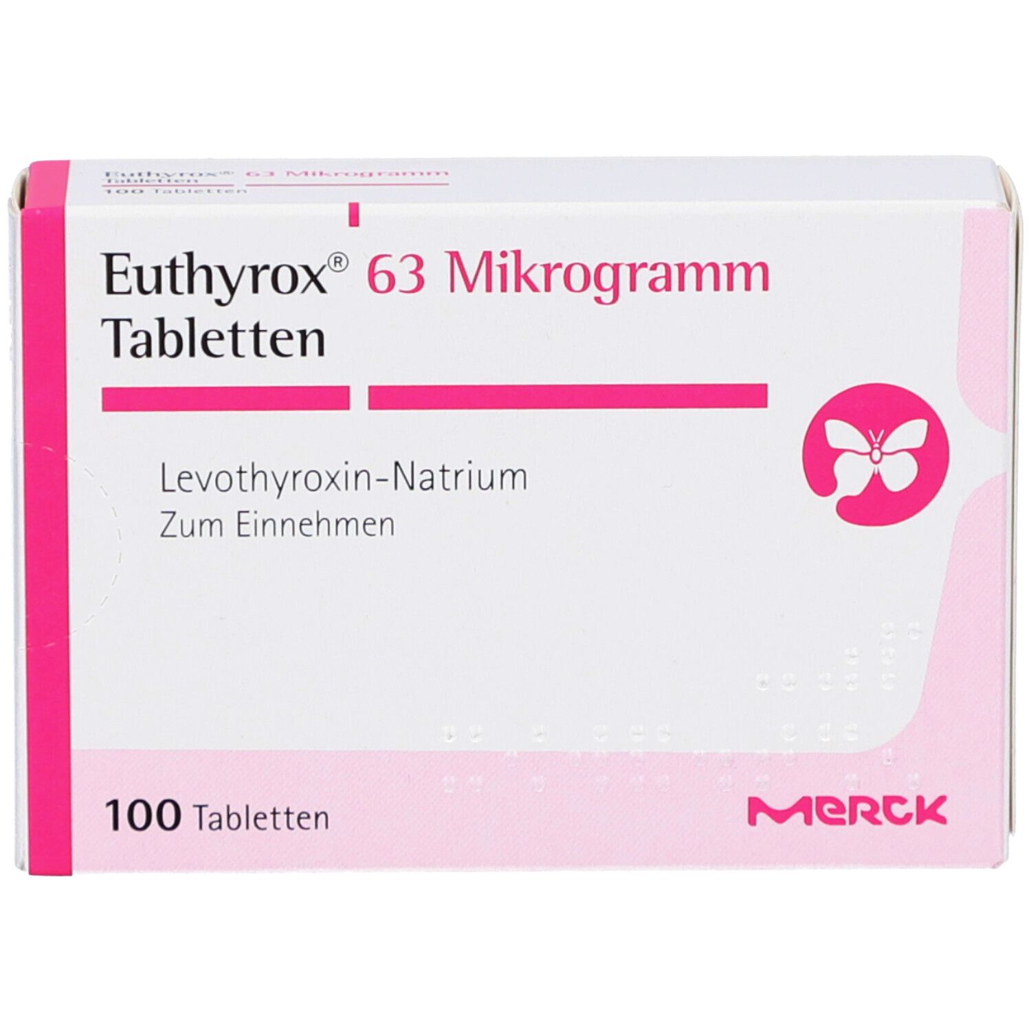 Weiße Tablettenbox mit rosa Akzenten. Aufschrift: Euthyrox 63 Mikrogramm Tabletten. 100 Tabletten. Marke: Merck.
