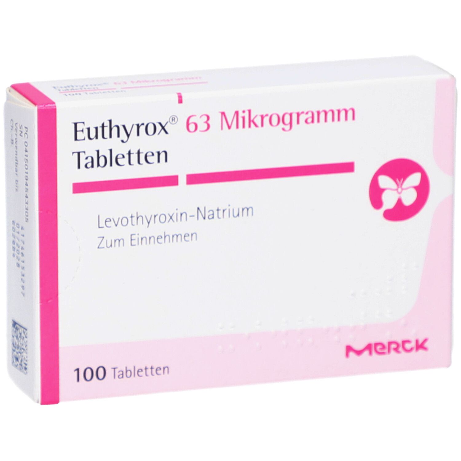 Weiße Tablettenbox mit rosa Akzenten. Aufschrift: Euthyrox 63 Mikrogramm Tabletten. 100 Tabletten. Marke: Merck.