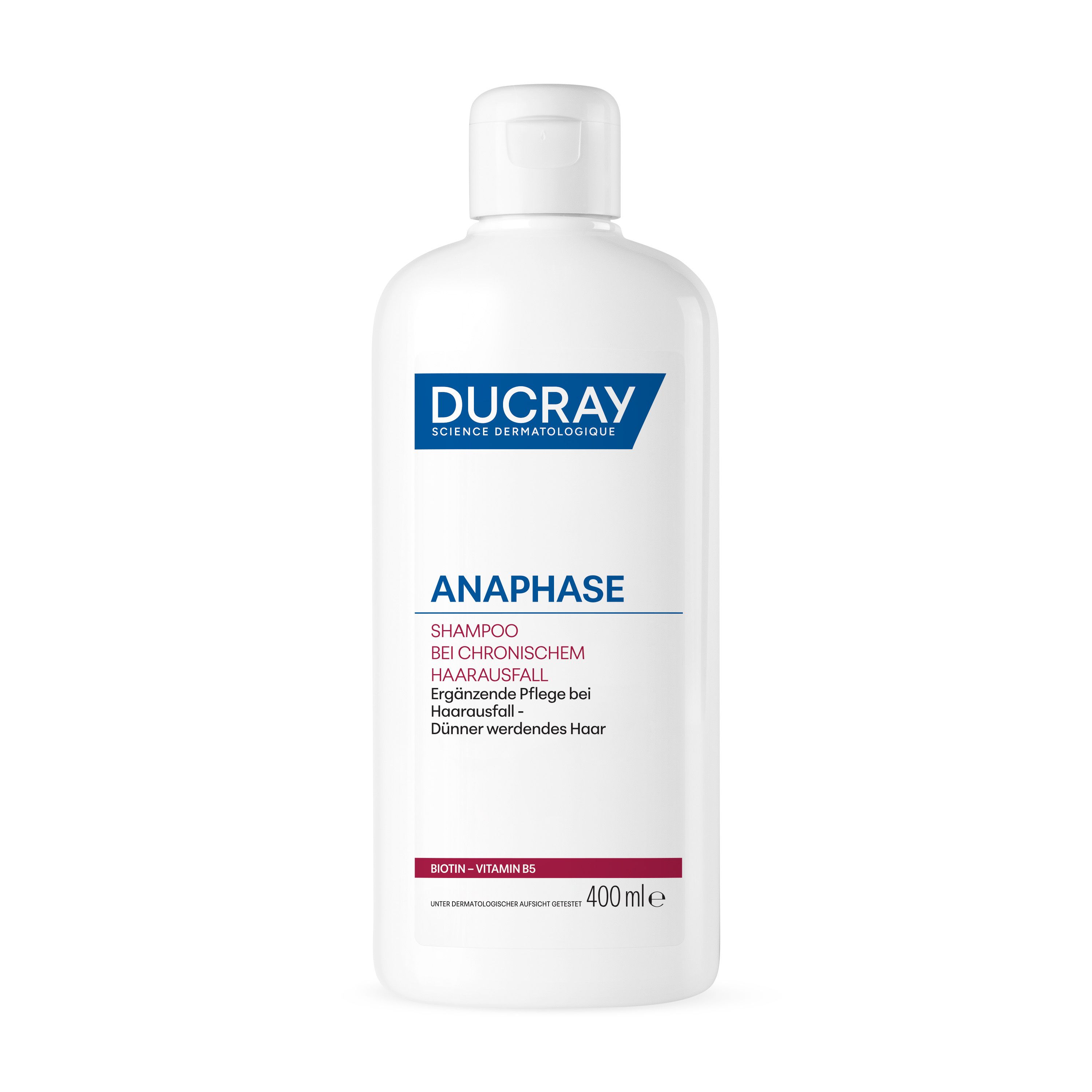 Weiße Shampoo-Flasche mit weißem Deckel. Aufschrift: DUCRAY, ANAPHASE, Shampoo bei chronischem Haarausfall.