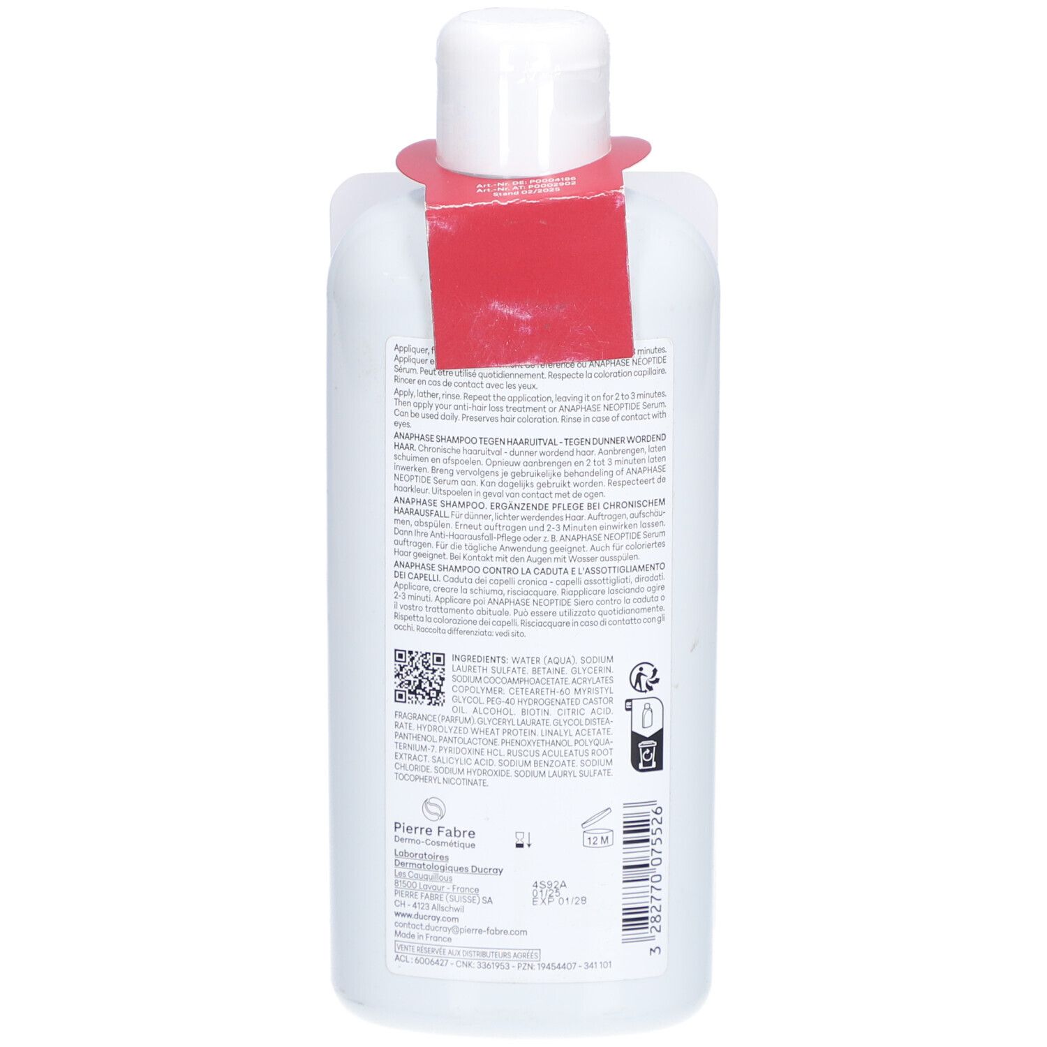 Rückseite einer Shampoo-Flasche. Enthält Textinformationen und QR-Code. Marke: Pierre Fabre.