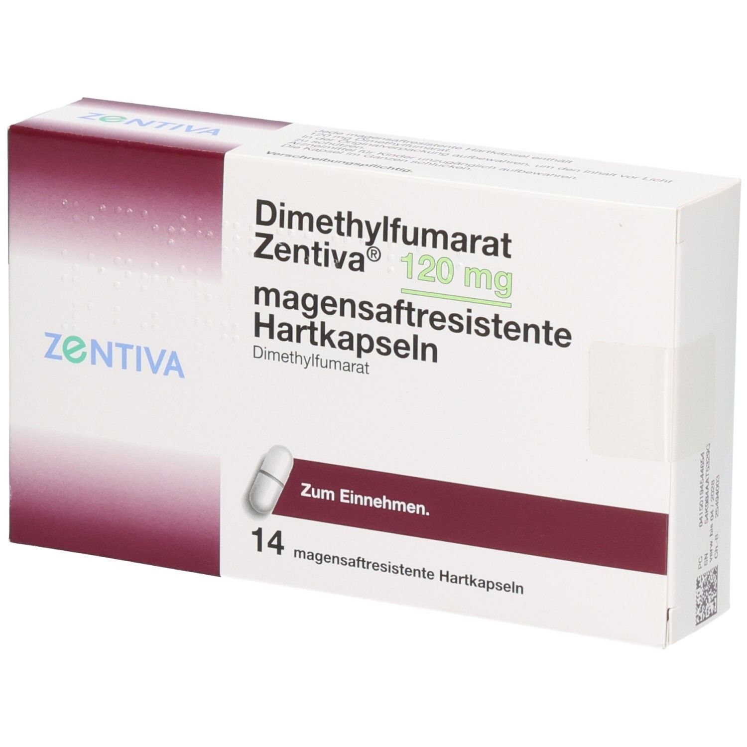 Schachtel mit Dimethylfumarat Zentiva 120 mg magensaftresistente Hartkapseln. Enthält 14 Kapseln. Weiß und bordeauxfarbenes Design.