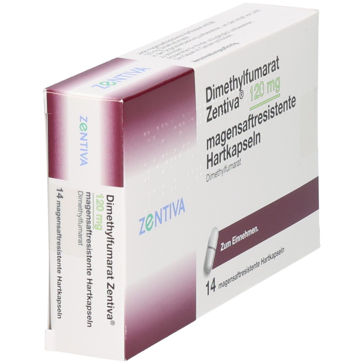 Schachtel mit Dimethylfumarat Zentiva 120 mg Hartkapseln. Bordeauxfarbenes und weißes Design. 14 Kapseln. Ansicht schräg von vorne.