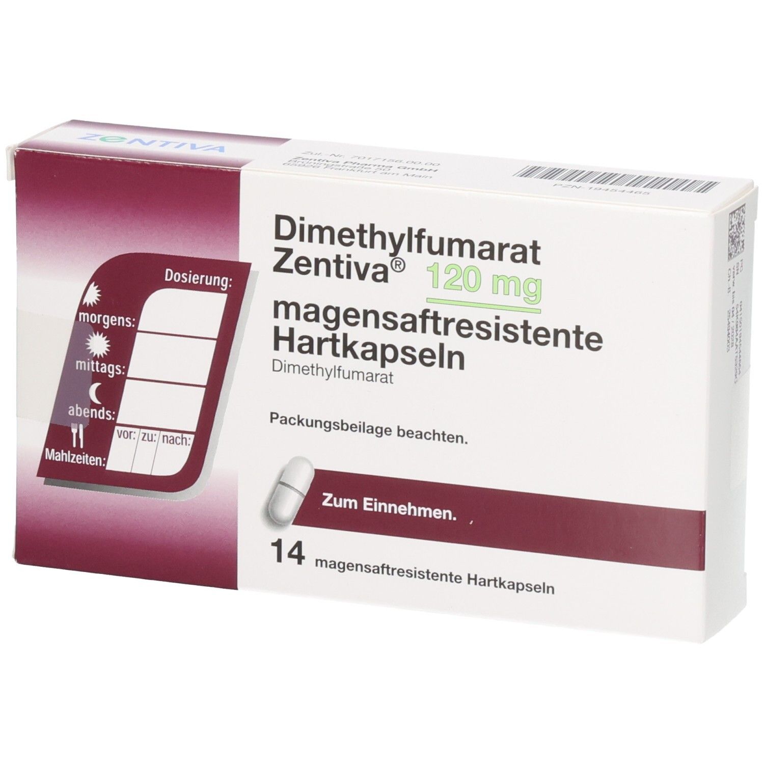 Schachtel mit Dimethylfumarat Zentiva 120 mg Hartkapseln. Enthält 14 Kapseln. Mit Dosierungshinweisen. Weiß und bordeauxfarben.