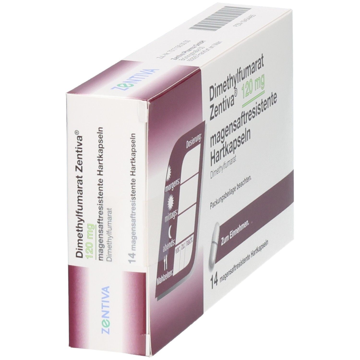 Schachtel mit Dimethylfumarat Zentiva 120 mg Hartkapseln. 14 Kapseln. Mit Dosierungshinweisen. Schräge Ansicht.