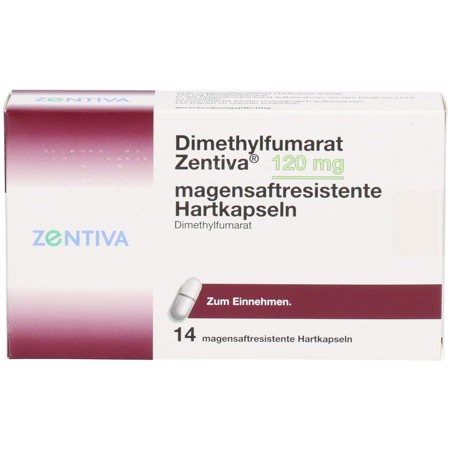Schachtel mit Dimethylfumarat Zentiva 120 mg Hartkapseln. 14 Kapseln. Weiß und bordeauxfarbenes Design. Vorderansicht.
