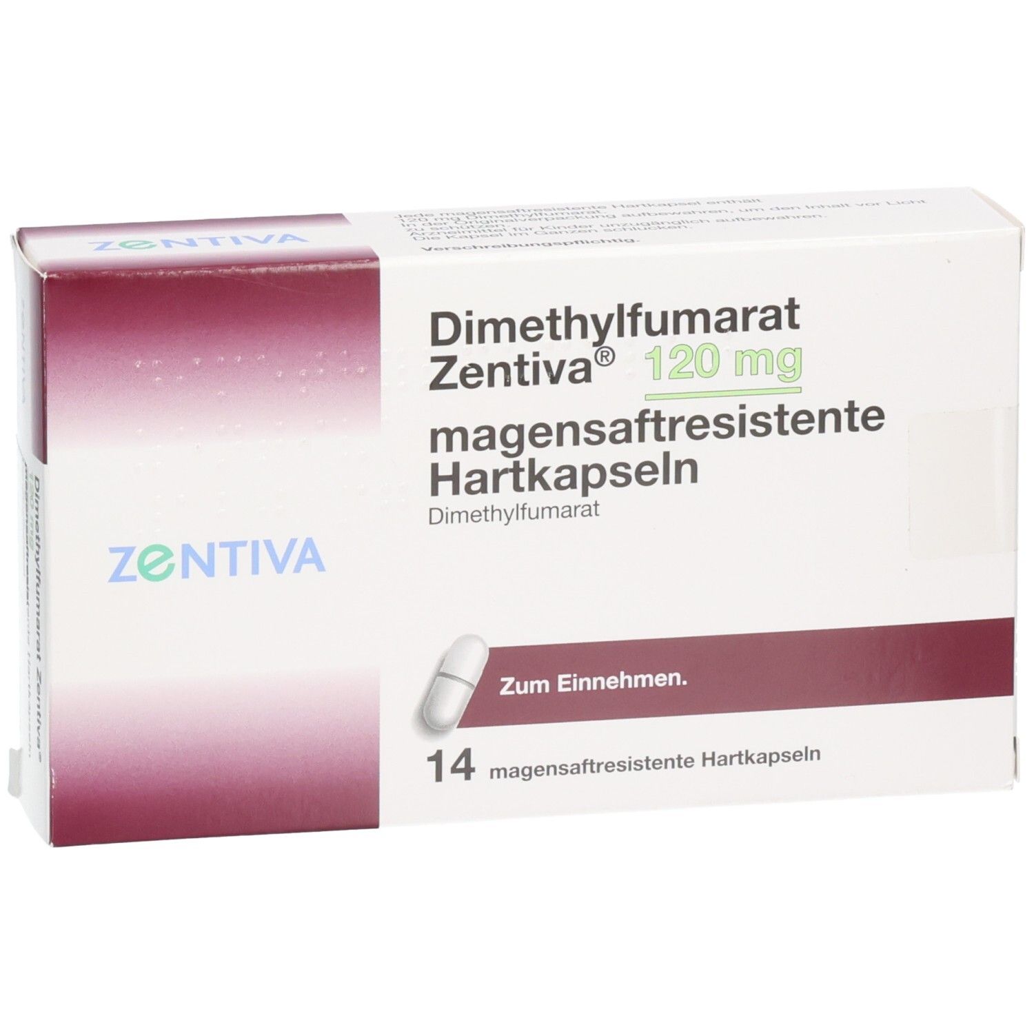 Schachtel mit Dimethylfumarat Zentiva 120 mg Hartkapseln. 14 Kapseln. Weiß und bordeauxfarbenes Design. Nahaufnahme.