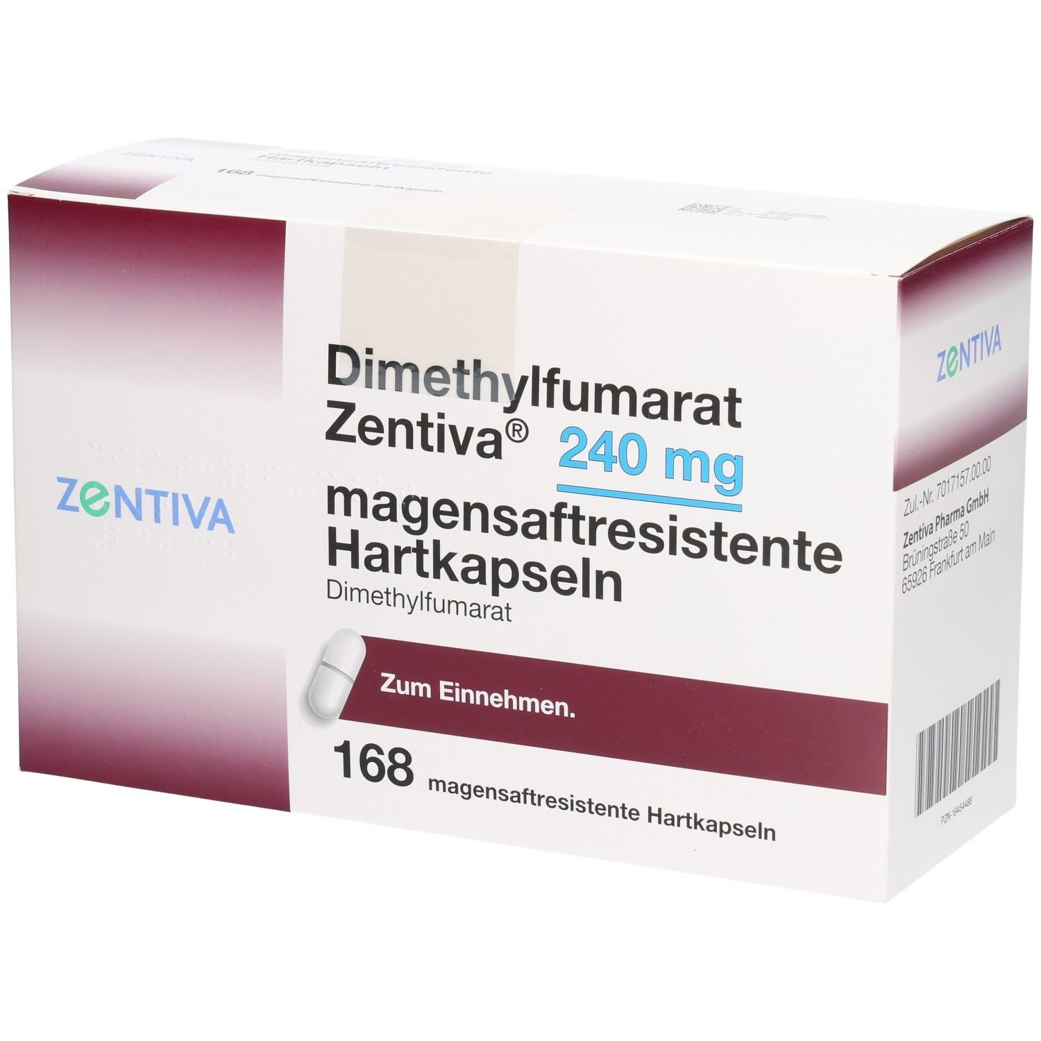 Schachtel mit DIMETHYLFUMARAT Zentiva 240 mg magensaftr.Hartk. Eine Kapsel ist abgebildet. 168 magensaftresistente Hartkapseln.