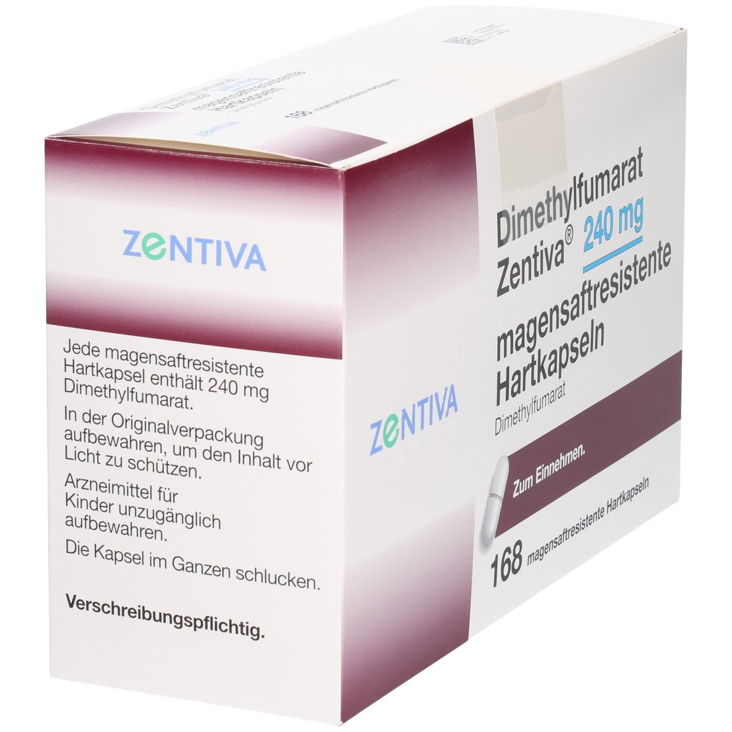 Schachtel mit DIMETHYLFUMARAT Zentiva 240 mg magensaftr.Hartk. Text mit Informationen. 168 magensaftresistente Hartkapseln.