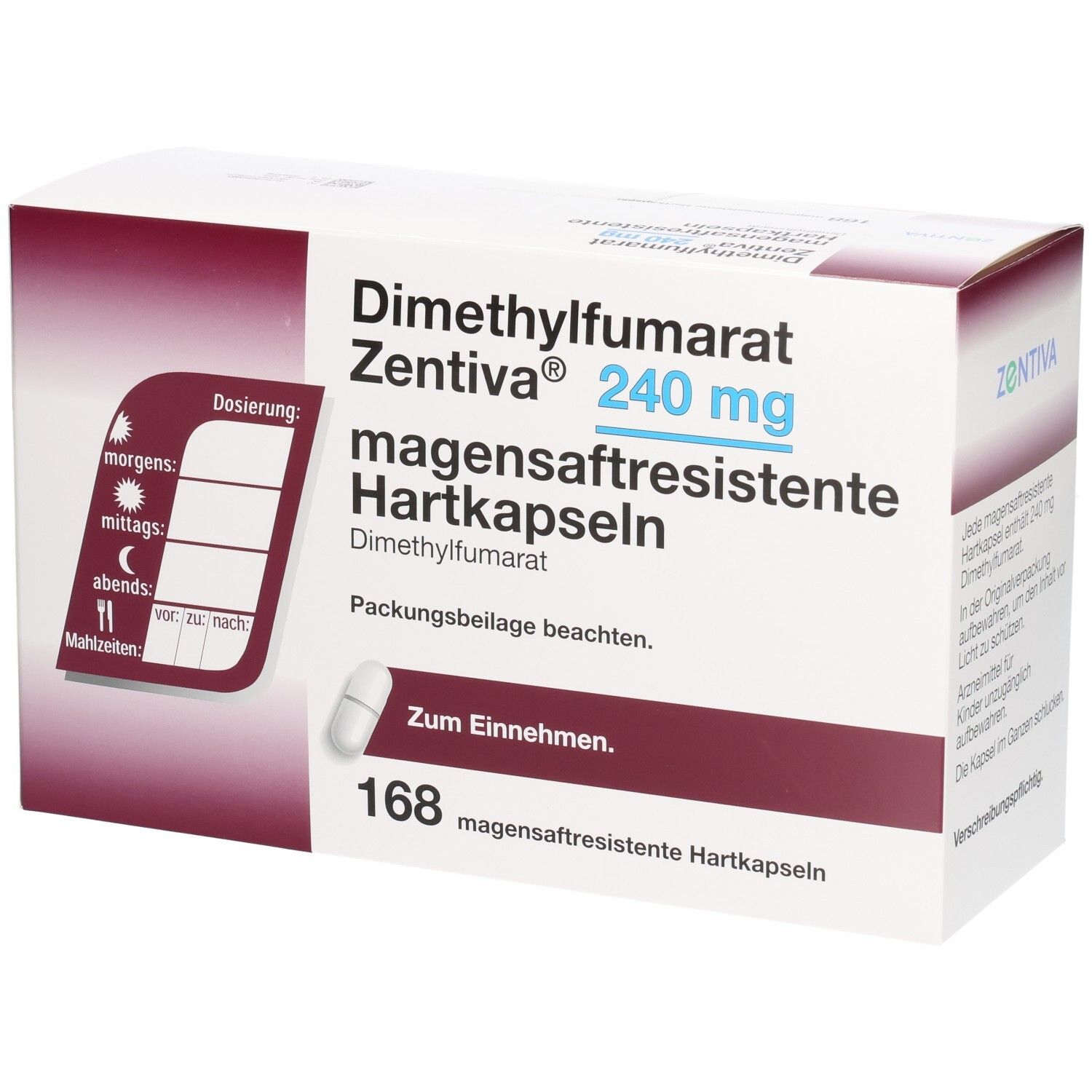 Schachtel mit DIMETHYLFUMARAT Zentiva 240 mg magensaftr.Hartk. Dosierungstabelle. 168 magensaftresistente Hartkapseln.