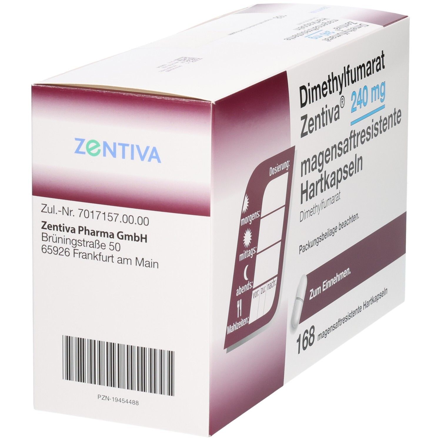 Schachtel mit DIMETHYLFUMARAT Zentiva 240 mg magensaftr.Hartk. Zul.-Nr. und Herstellerangaben. 168 Hartkapseln.