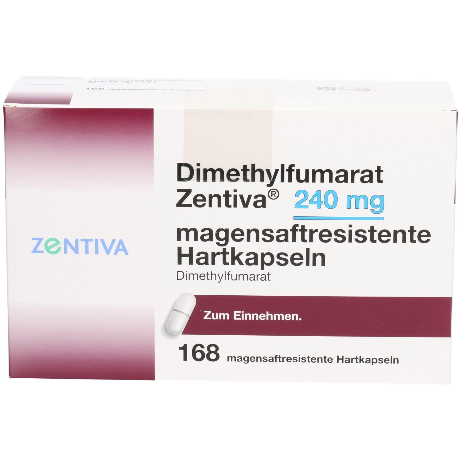 Schachtel mit DIMETHYLFUMARAT Zentiva 240 mg magensaftr.Hartk. 168 magensaftresistente Hartkapseln. Eine Kapsel abgebildet.