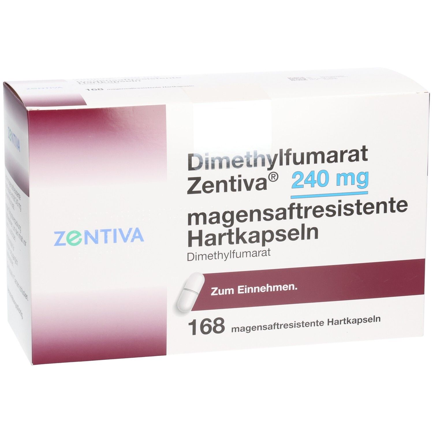 Schachtel mit DIMETHYLFUMARAT Zentiva 240 mg magensaftr.Hartk. 168 magensaftresistente Hartkapseln. Eine Kapsel abgebildet.
