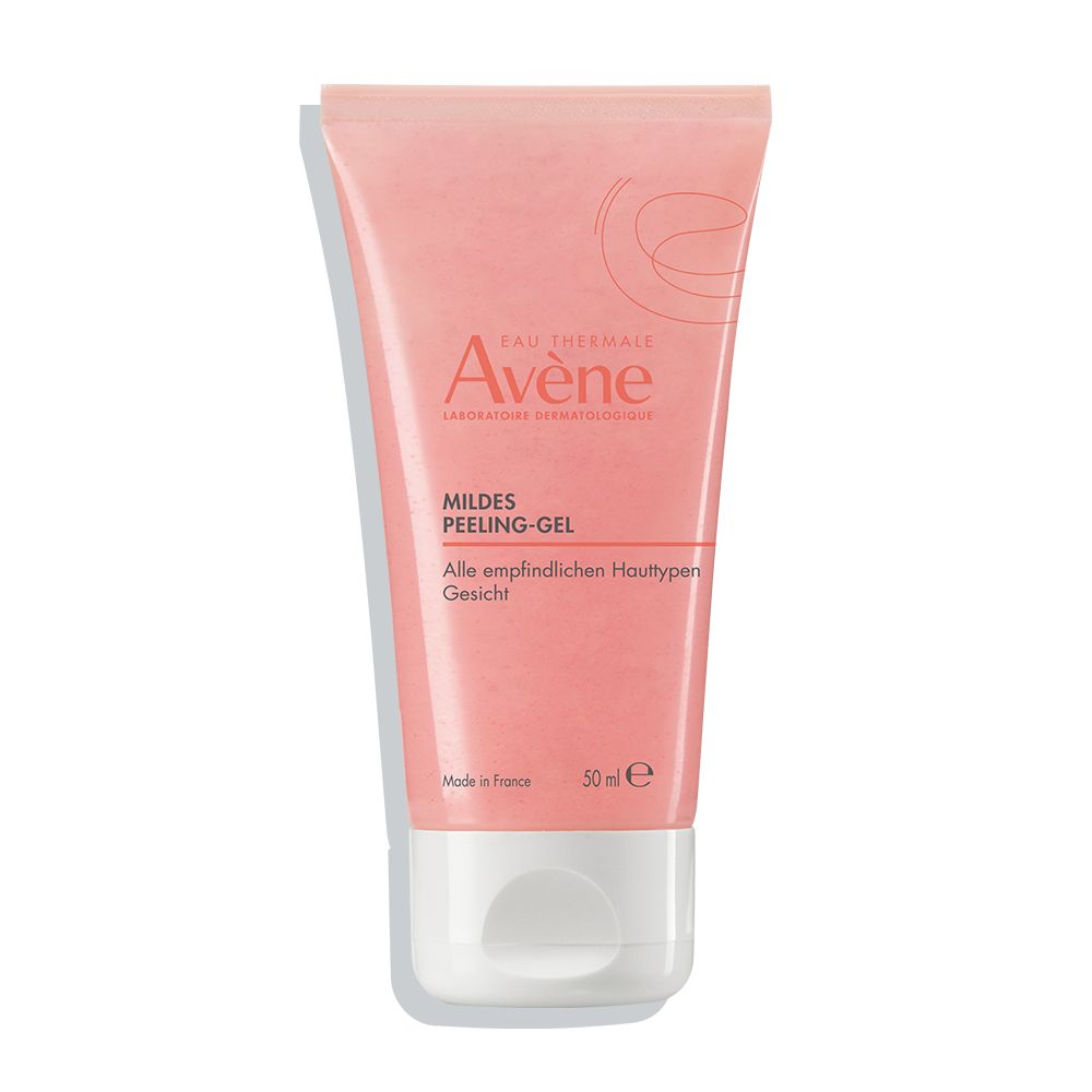 Rosa Tube mit "Avène Mildes Peeling-Gel". Text in Deutsch und Französisch. 50 ml.