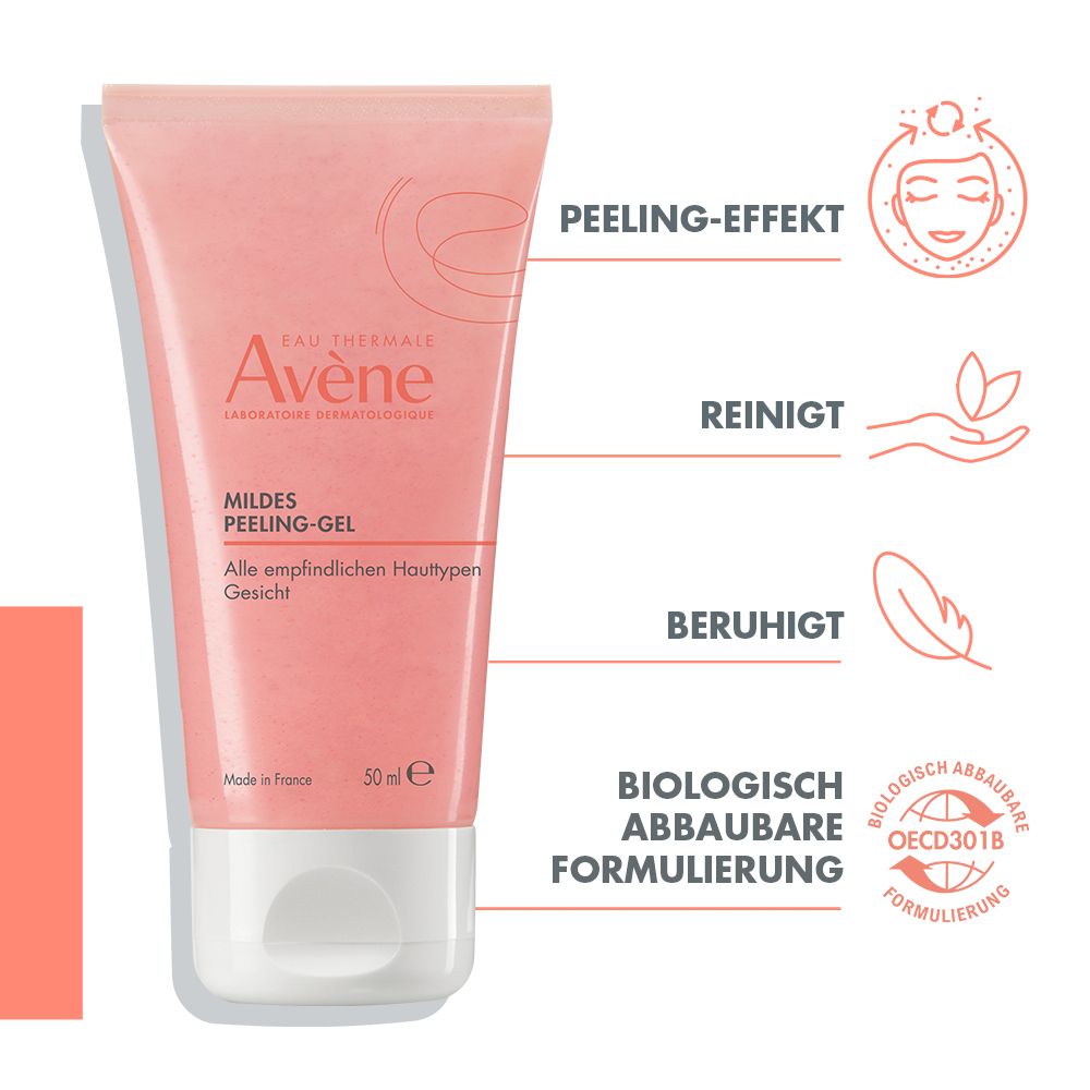 Rosa Tube "Avène Mildes Peeling-Gel" mit Icons: Peeling-Effekt, Reinigt, Beruhigt, Biologisch abbaubar.