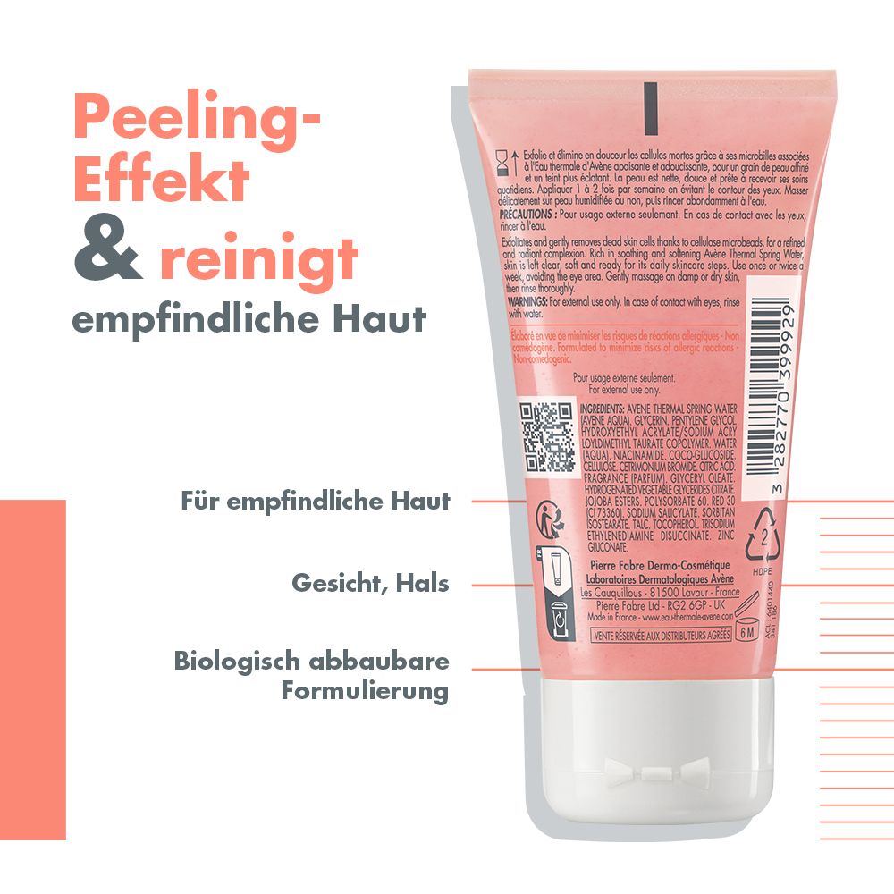 Rückseite der rosa Tube "Avène Mildes Peeling-Gel". Text, Inhaltsstoffe, QR-Code, Recycling-Symbole.