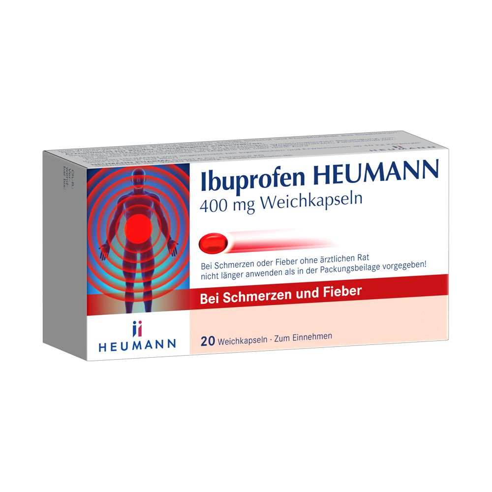 Schachtel Ibuprofen HEUMANN 400 mg Weichkapseln. Rote Kapsel-Abbildung. Text: Bei Schmerzen und Fieber. 20 Weichkapseln.