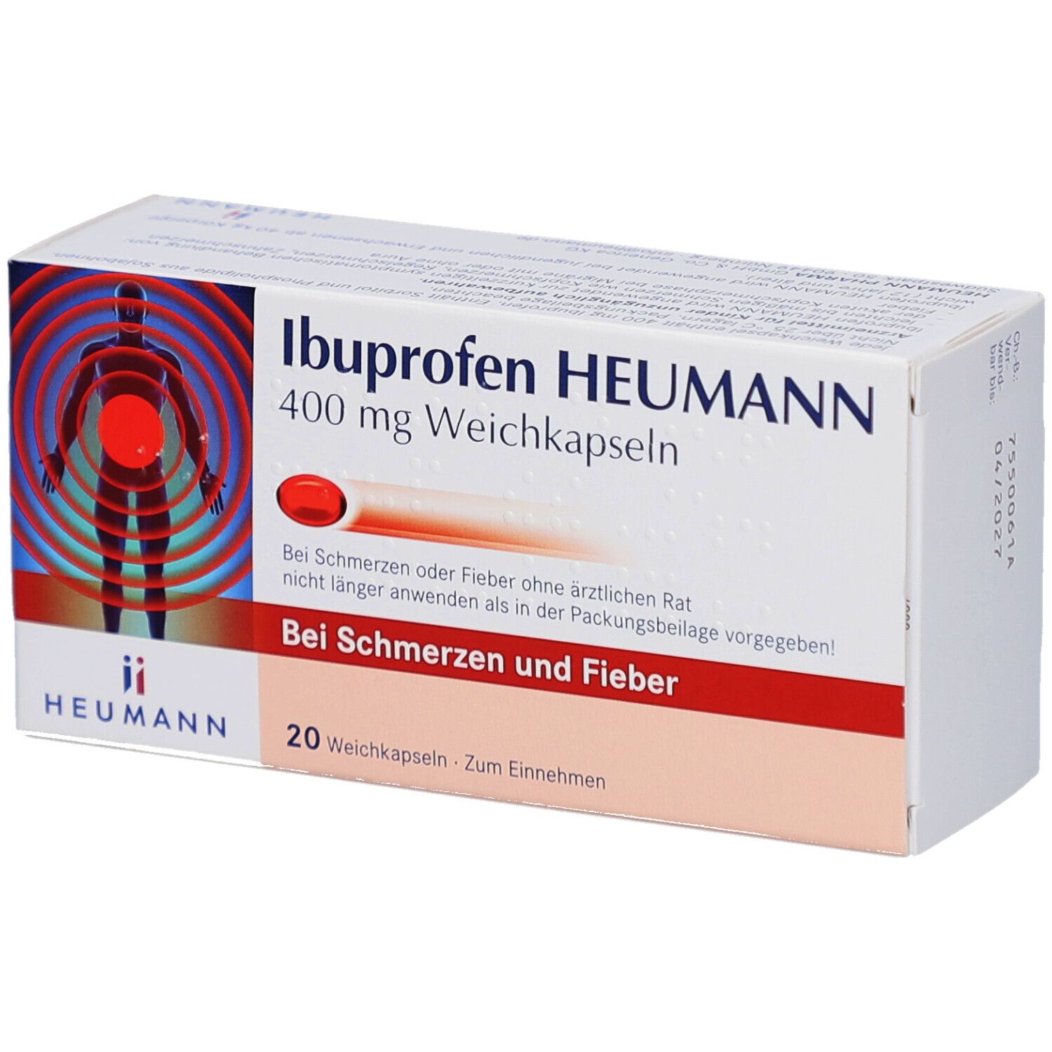 Schachtel mit Ibuprofen HEUMANN 400 mg Weichkapseln. Aufdruck: Bei Schmerzen und Fieber. 20 Weichkapseln. Logo HEUMANN.