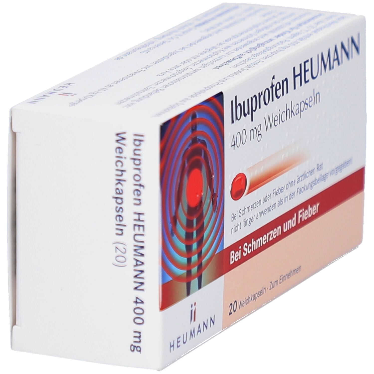 Schachtel Ibuprofen HEUMANN 400 mg Weichkapseln. Aufdruck: Bei Schmerzen und Fieber. 20 Weichkapseln. Logo HEUMANN. Seitenansicht.
