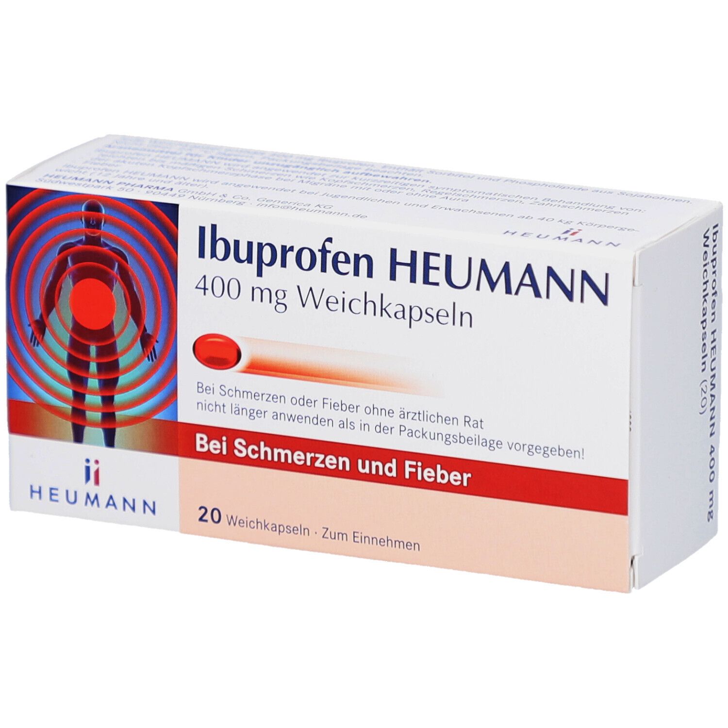 Schachtel mit Ibuprofen HEUMANN 400 mg Weichkapseln. Aufdruck: Bei Schmerzen und Fieber. 20 Weichkapseln. Logo HEUMANN.