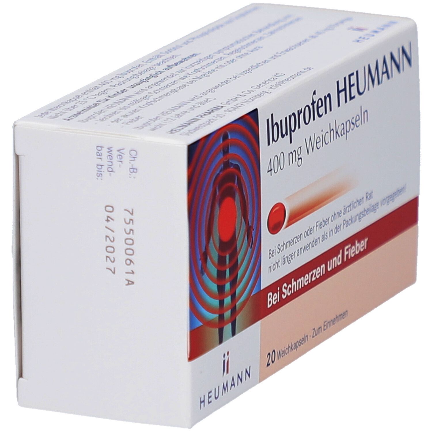 Schachtel Ibuprofen HEUMANN 400 mg Weichkapseln. Aufdruck: Bei Schmerzen und Fieber. 20 Weichkapseln. Logo HEUMANN. Datumsangabe.