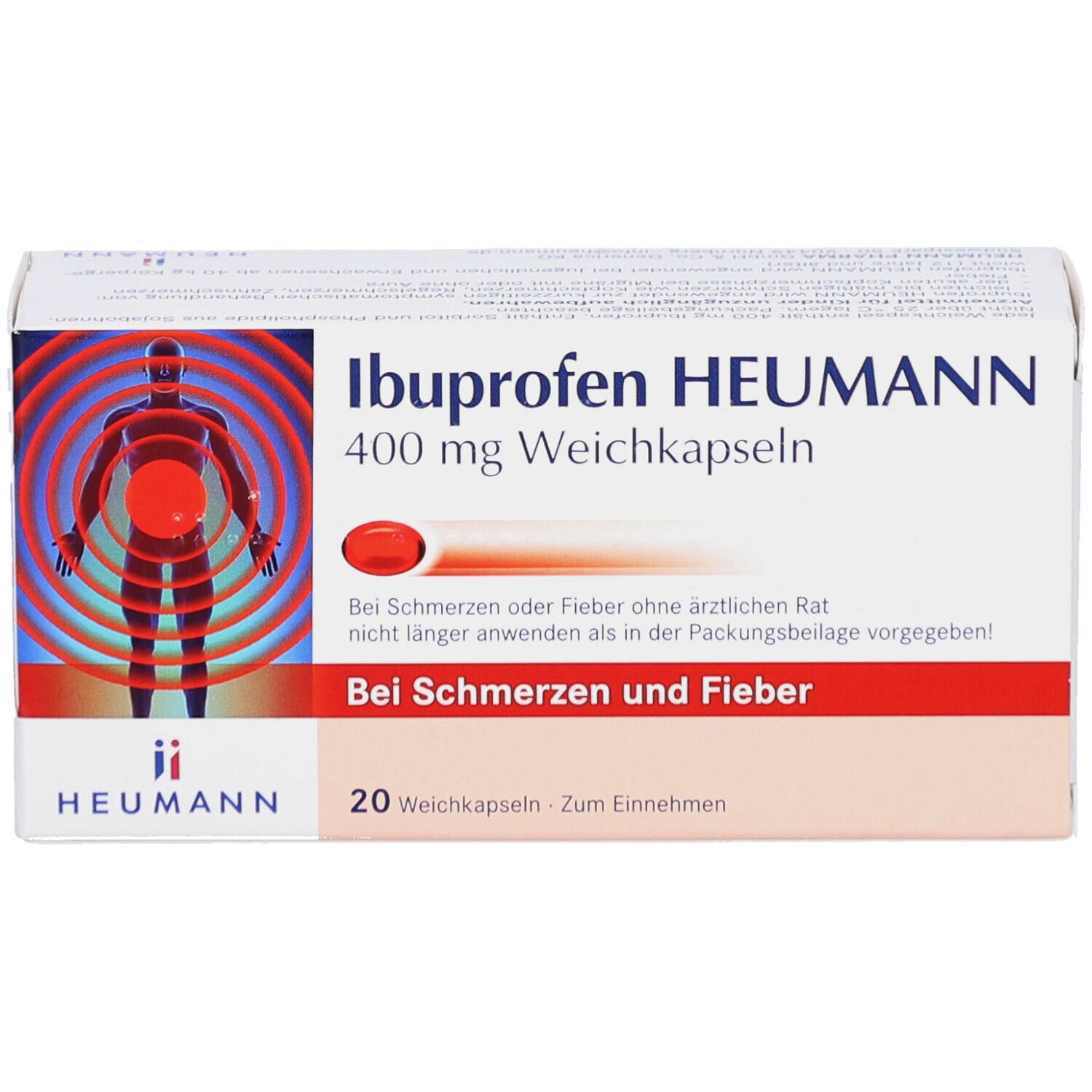 Schachtel mit Ibuprofen HEUMANN 400 mg Weichkapseln. Aufdruck: Bei Schmerzen und Fieber. 20 Weichkapseln. Logo HEUMANN.