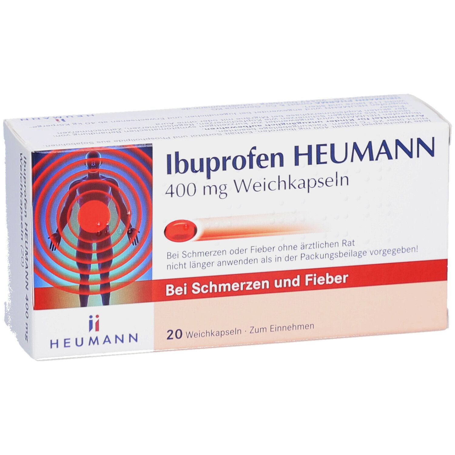 Schachtel mit Ibuprofen HEUMANN 400 mg Weichkapseln. Aufdruck: Bei Schmerzen und Fieber. 20 Weichkapseln. Logo HEUMANN.