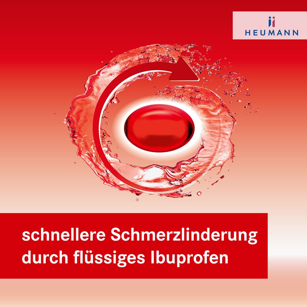 Rote Kapsel in Wasser. Text: Schnellere Schmerzlinderung durch flüssiges Ibuprofen. HEUMANN Logo.
