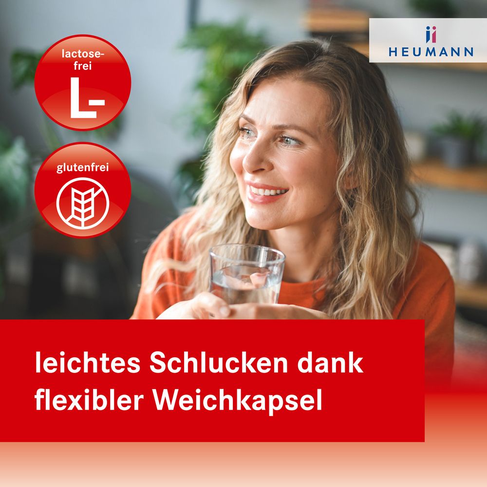 Frau mit Glas Wasser. Text: Leichtes Schlucken dank flexibler Weichkapsel. HEUMANN Logo.