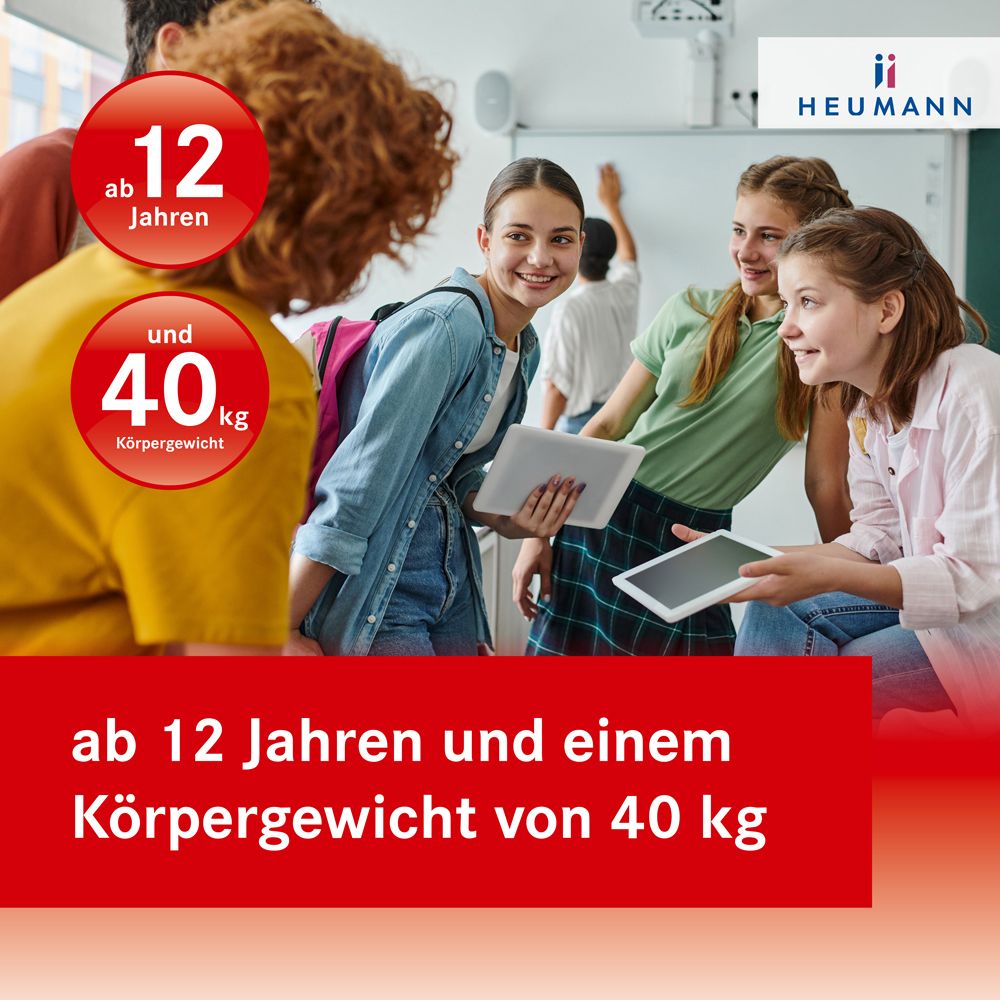 Schülerinnen. Text: Ab 12 Jahren und einem Körpergewicht von 40 kg. HEUMANN Logo.