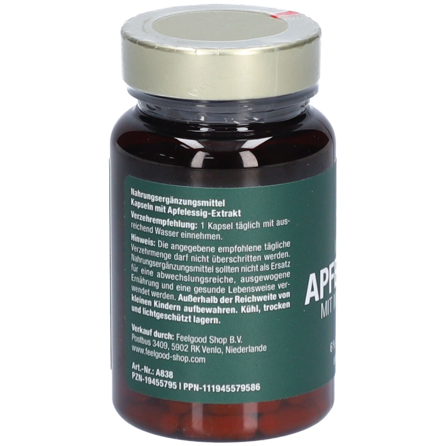 Produktflasche mit Text. Text: Nahrungsergänzungsmittel mit Apfelessig-Extrakt. Verzehrempfehlung: 1 Kapsel täglich mit Wasser.