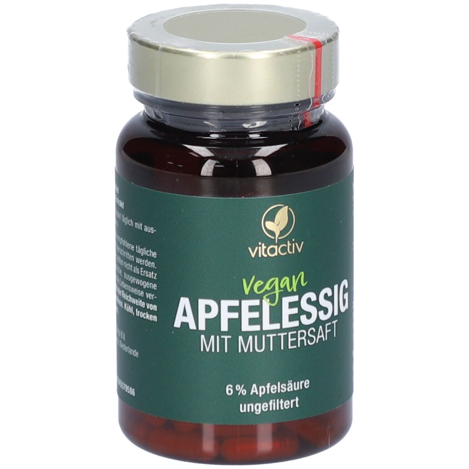 Braune Flasche mit grüner Etikette. Aufschrift: vitactiv Vegan Apfelessig mit Muttersaft. 6% Apfelsäure, ungefiltert.